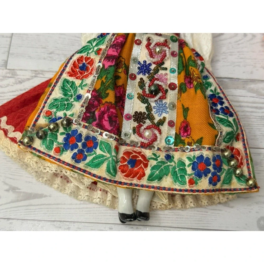 Vintage Folk Ethnic Female Doll Handmade Beaded Clothes Hat Braided Hair 10